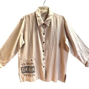 Chico's Button-Up Tribal Linen Beaded Boho Lagonlook Jacket Beige Women 3 (XL)